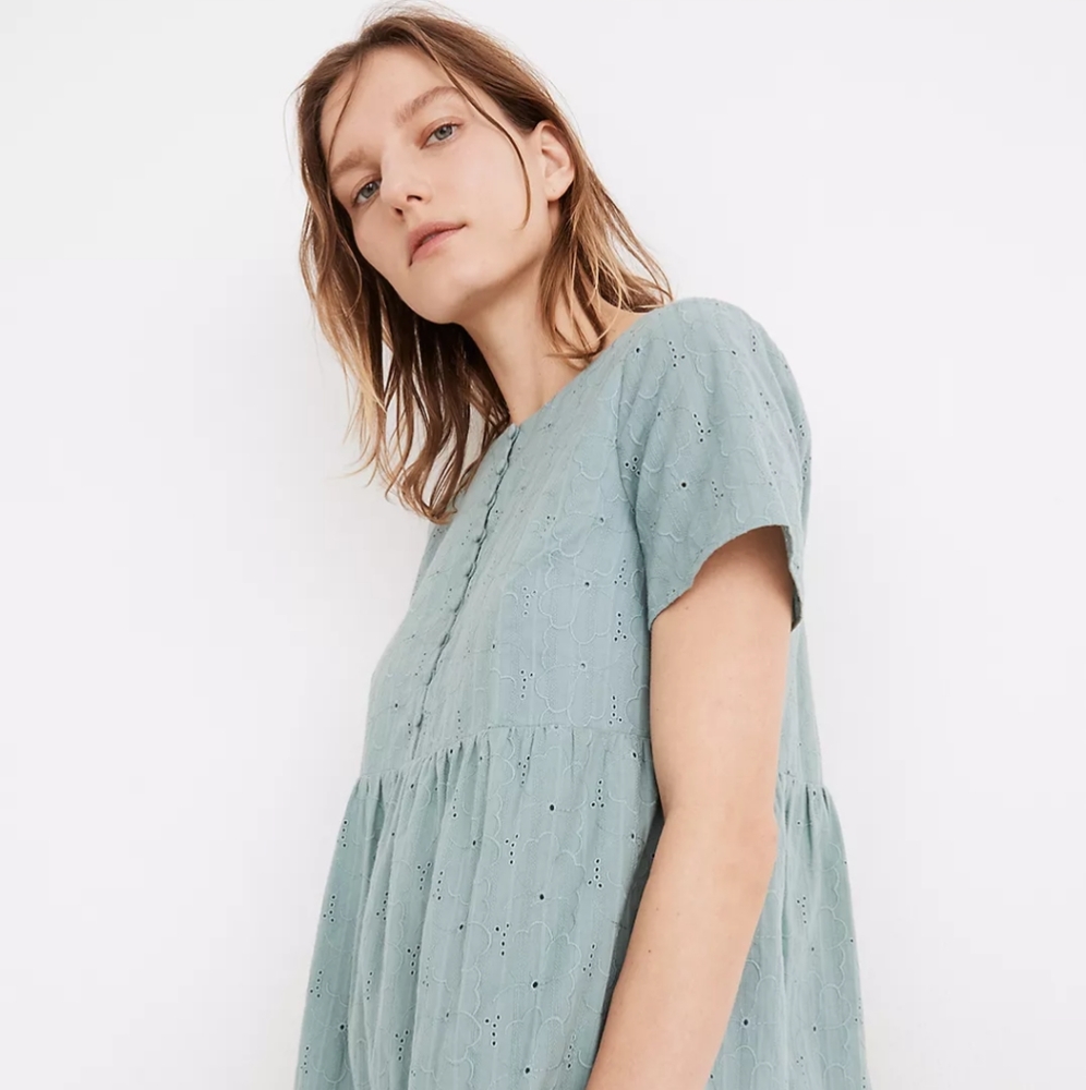 Madewell Embroidered Eyelet Tiered Button-Front Dress in Summer Breeze. - Picture 2 of 12